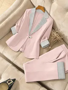 Two piece fashionable and high-end seven quarter sleeved suit set with striped and flanged design, versatile and stylish in the workplace, suitable for spring and summer, interviews, onboarding, business training, and light business parties
