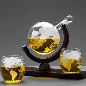 Whiskey Globe Wine Holder Set, Includes 2 Cups, 1 Tray, 1 Whiskey Globe, Bourbon Rum Scotch Crystal Clear Bottle Set, Whiskey Decanter Sets