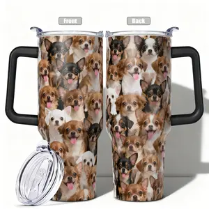 1pc, 40oz/30oz/20oz/14oz Stainless Steel Cup Cute Chihuahua Puppy Dog Double Wall Vacuum Insulated Cup, Leakproof Lid & Carry Handle Travel Mug for Outdoor Camping Hiking, Gift for Dad, Mom, B