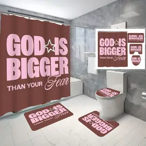 4 Pcs God Is Bigger Than Your Fear Bathroom Curtain Sets with 12 Hooks,Christian Faith Quote Large Waterproof Thickened Mildew Proof Bathroom Partition Curtain,Bathroom Shower Curtain,Toilet Lid Cover,Non-Slip Bathroom Rugs and U Shape Bath Mat