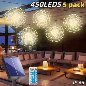 5 Pack of Smart Solar-Powered LED Fireworks Lights, with 8 Modes, 450LEDs Hanging String Lights, Illuminated Copper Wire Pendant Lights, Perfect for Decorating Yards, Celebrations, Weddings, Balconies, Outdoor Decoration Light