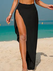Fashion Simple Irregular Hem Beach Vacation Cover-Up Skirt, Solid Color Transparent Side Slit Half Skirt, Casual Fitted Style, Beach Cover Ups