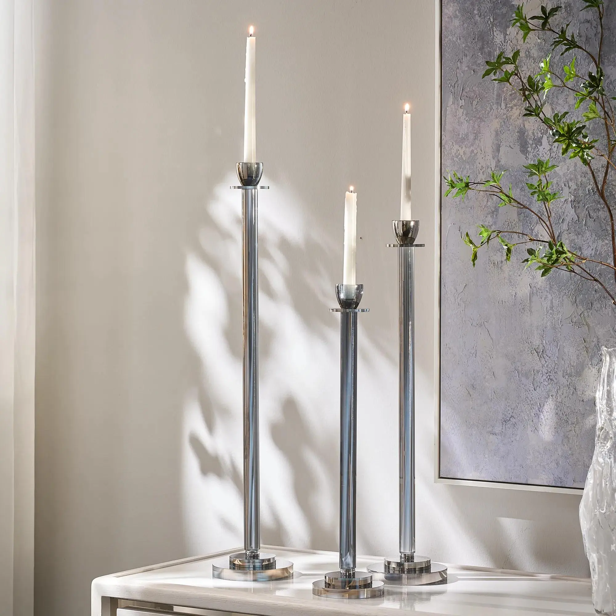 Z Gallerie Warren Luminous Crystal Glass Taper Holders - Set of 3, Decorative Room Decor for Entertaining, Mirrored Finish