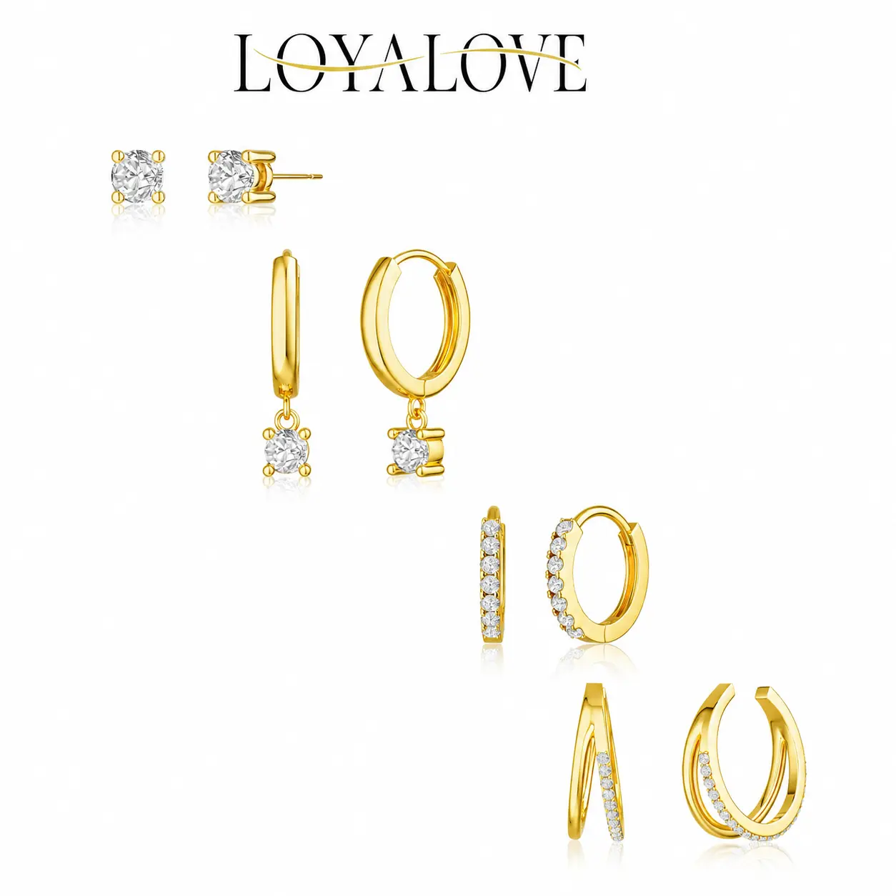 LOYALOVE 14K Gold Plated Earrings Set for Women, 4 Pairs CZ Stud Earrings, Huggie Hoop Earrings, Dangle Hoops & Double Row Ear Cuff, Trendy Stackable Jewelry Gift
