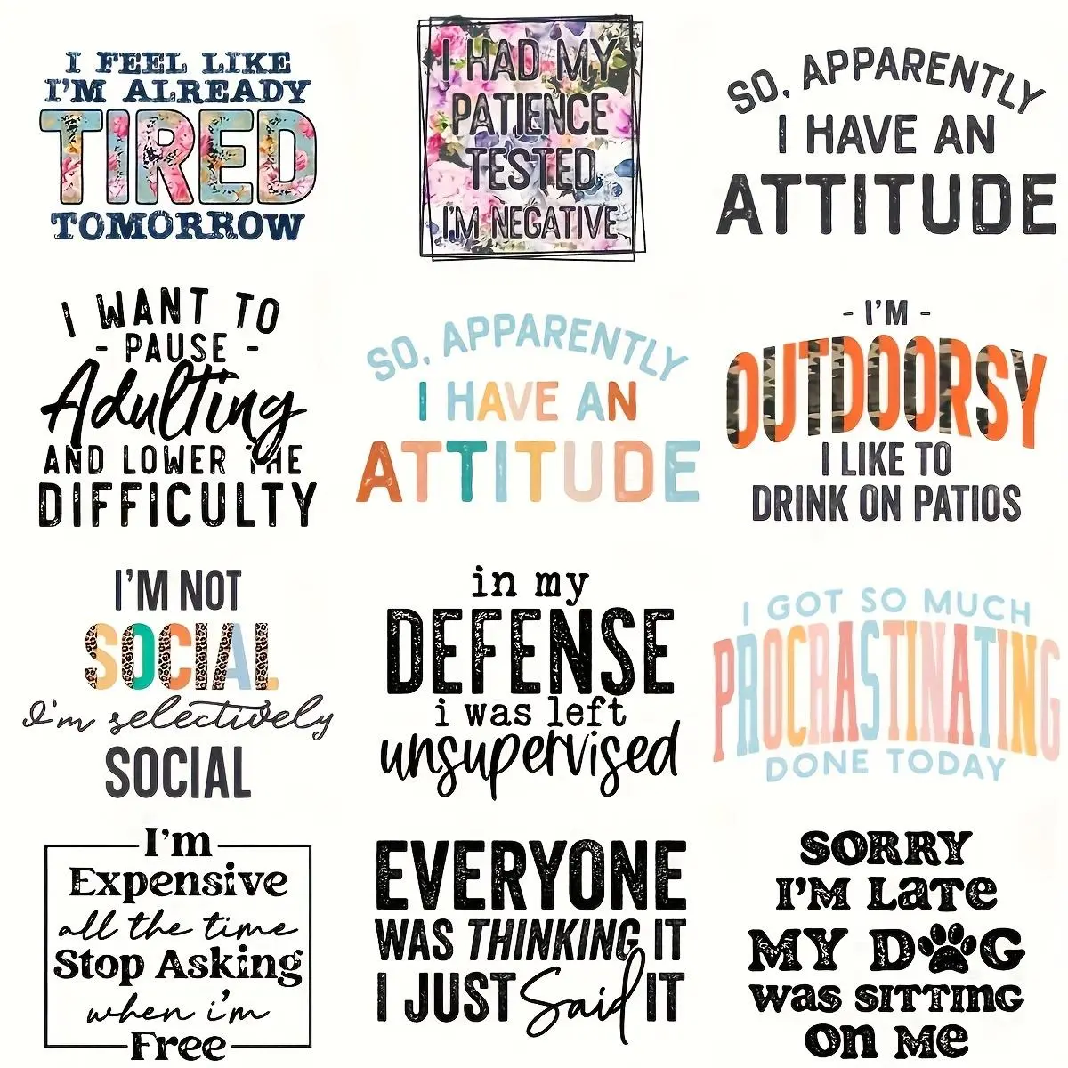 Funny DIY Iron-on DTF Transfers, 12pcs/set Washable Heat Transfer Stickers with Humorous Phrases for T-shirts, Jeans, Backpacks, DIY Material, Canvas Art, Crafts, DIY Crafts Supplies