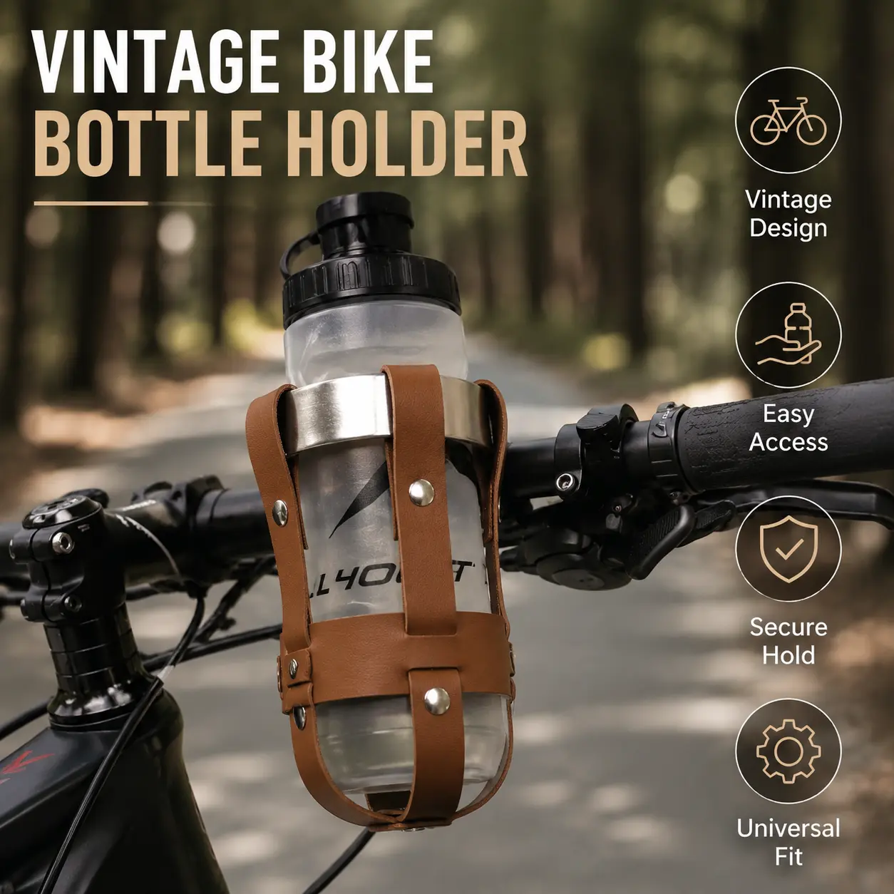 Vintage Leather Bicycle Water Bottle Holder - Adjustable Handlebar-Mounted Cage, Compatible with Mountain Bikes