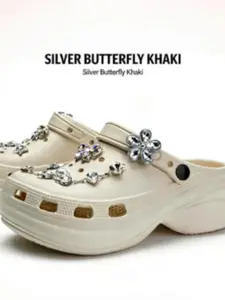 Cloud Silver Butterfly Series Holes Shoes, Anti-Slip Thick Sole 4cm, Comfortable Casual Footwear, Ideal for Daily Wear