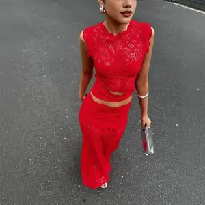 New Hollow Out Irregular Sexy Red Mermaid Dress Top and Skirt Set Women's Sleeveless Long Gown