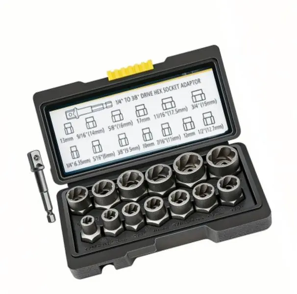 15pcs Nut Extractor Set, 13pcs Bolt And Nut Remover, 1pc Iron Bar (If The Nut Is Still Stuck In The Sleeve When Removing It, Use It To Knock It Out), 1pc 1/4 '' To 3/8 "drive Hexagonal Socket Adapter