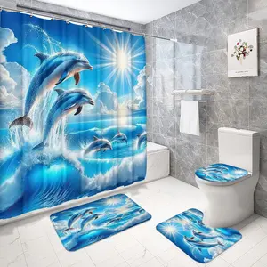 Ocean Wind Dolphin Print Shower Curtain Set, Includes Toilet Mat, Bathroom Mat, U-Shaped Pad, Hooks, Essential Home Decor Accessories