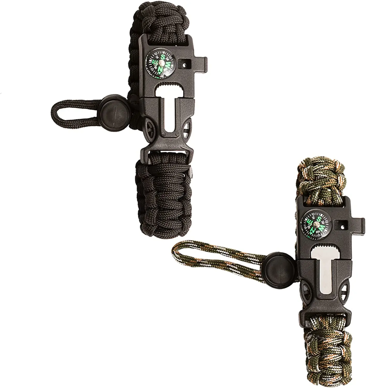 BUSHCRAFT SURVIVAL Paracord Bracelet and 5-in-1 Multi Tool Camping Gear - Includes Compass, Whistle, Wire Saw, Fire Starter and 10" Braided Paracord (Green Camo / Black 2 Pack)