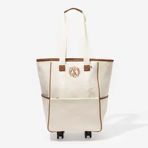 Marleylilly ML Monogrammed Rolling Tote - Ivory Cotton/Polyester Canvas with Faux Leather Accents, Detachable Wheels, and Spacious Interior for Travel & Daily Use