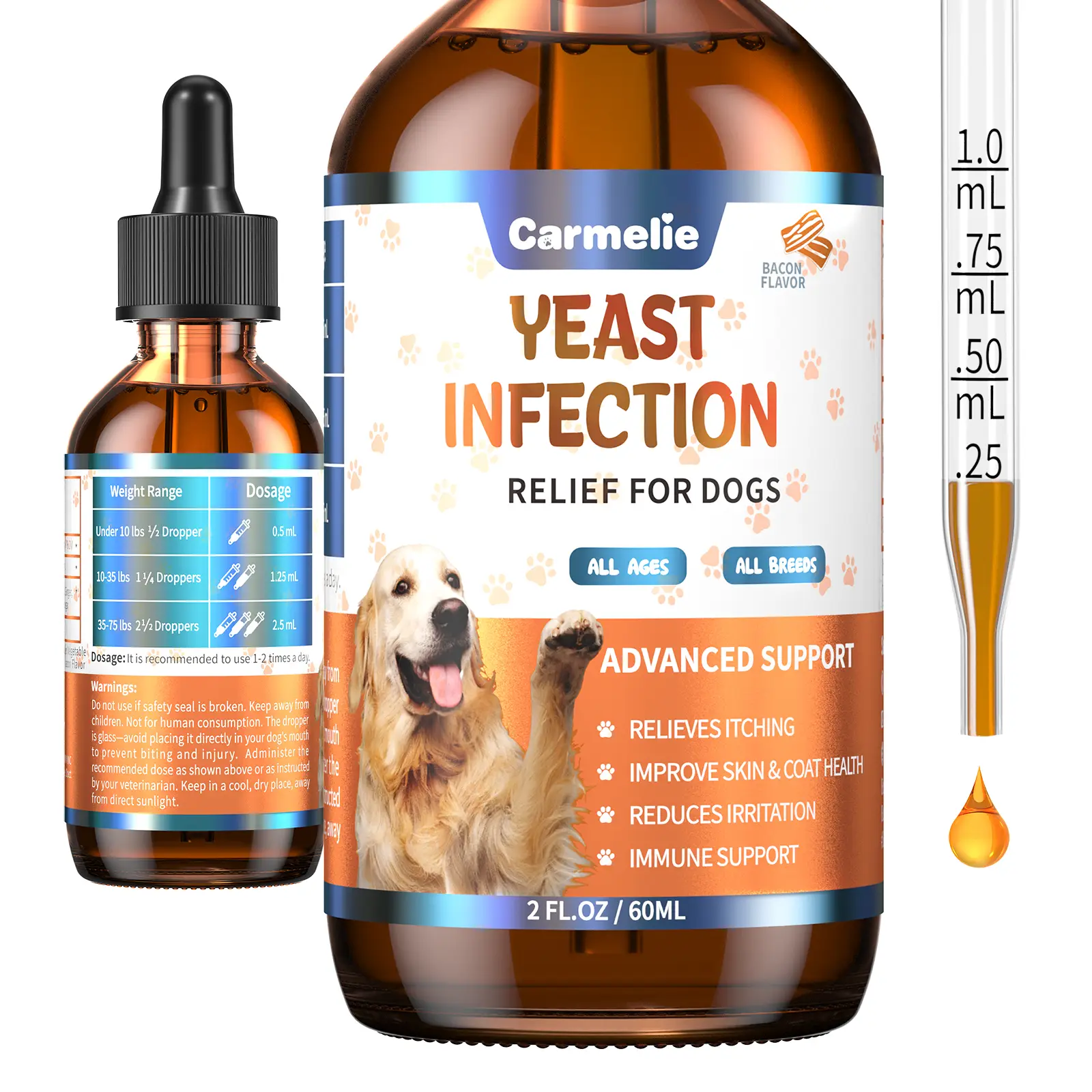 Carmelie Dog Ear & Skin Relief Drops - Bacon Flavor 60ml - Soothes Itching Supports Healthy Ears Allergy Relief for Dogs， Yeast Infection Relief - Pup