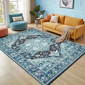 8x10 Machine Washable Area Rug for Living Room,  Boho Rug for Bedroom, Low Pile Lightweight Thin Rugs Floral Vintage Distress Print Pattern Carpet for Dining Room, Red,Blue,Beige,Cyan,4x6,5x8,6x9,8x10 Feet