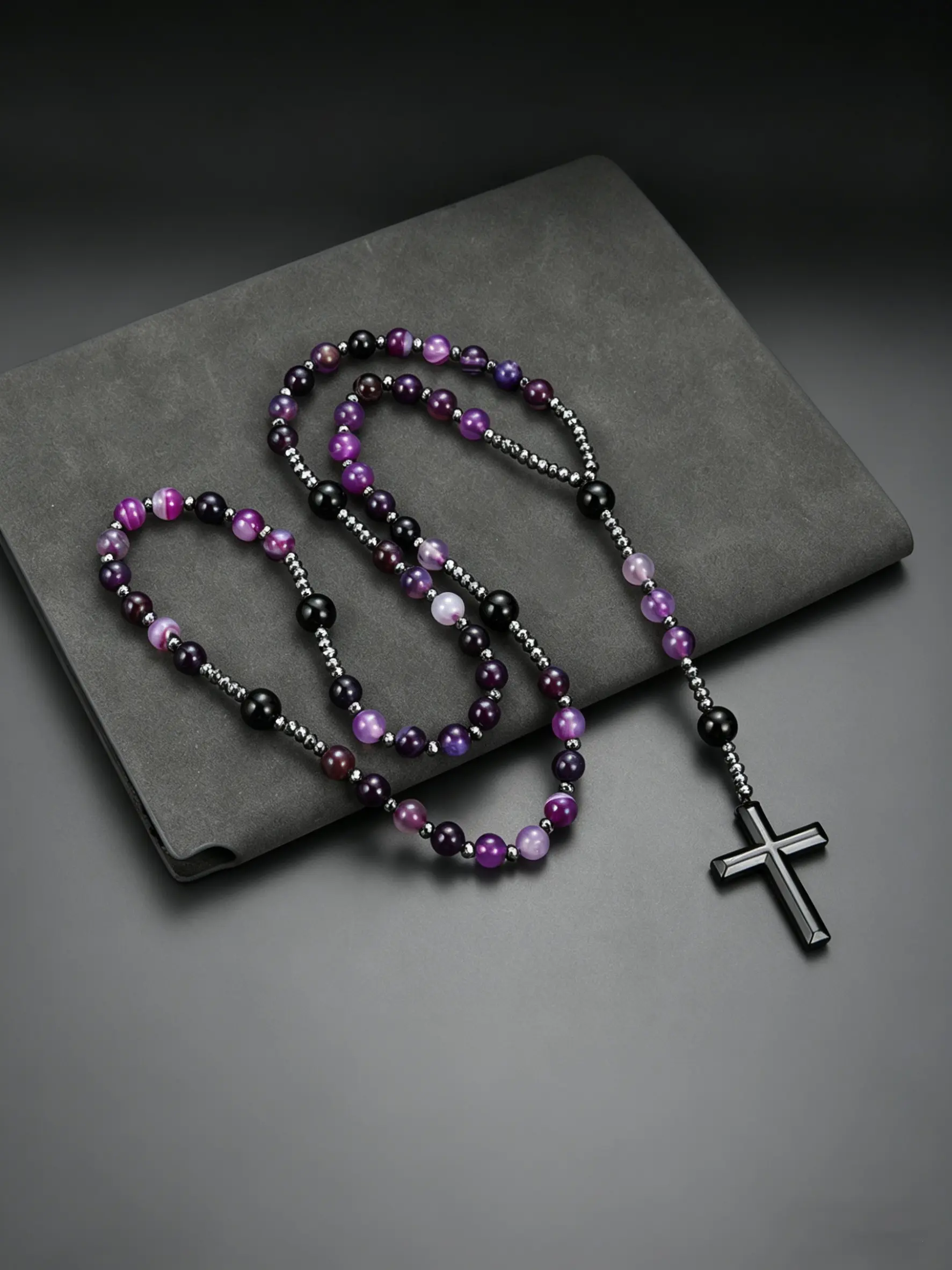 1pc Natural Stone Purple and Green Agate Bead Cross Pendant Necklace, Retro Long Rosary Chain, Religious Prayer Jewelry Gift, Beaded Cross Necklace, Faith Pendant Necklace