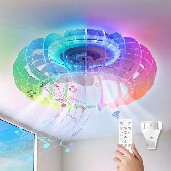 21'' Low Profile Bladeless Ceiling Fan with RGB Lights Dimmable LED & Bluetooth Speaker 6 Wind Speeds Reversible for Kids Room Bedroom Party