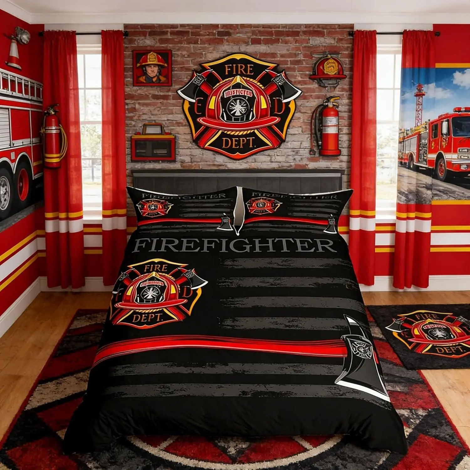Firefighter Duvet Cover Set,American Flag Geometric Stripes Bedding Set,Boys Girls Adults Room Decor,Fire Fighting Truck Tools Comforter Cover,Red Black Fashion Quilt Cover