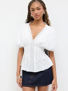 Cotton V-neck Broderie Anglaise Pleated Shirred Short Sleeve Blouse