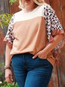 【Plus Size】 Leopard Patchwork Print Round Neck Tee, Casual T-Shirt Top for Summer, Women's Plus Clothing for Daily Wear