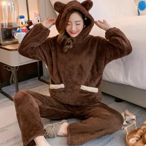 Autumn Winter Thickened Warm Women Loungewear Suit Cartoon Plush Hooded Bear Sleepwear Ladies Flannel Homewear Nightwear Set