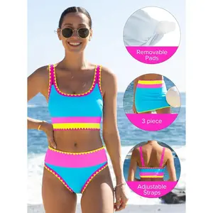 2026 Women's High-Waisted 3-Piece Tummy Control Bikini Sets Neon Swimwear with Skirt Adjustable Straps & Removable Pads for 2026