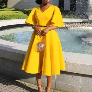 D3191 Bright Yellow V-Neck Cape Sleeve Dress with Metal Belt Waist-Cinched Flared Midi Silhouette Eye-Catching Cocktail Party Gown for Summer Events Formal Women