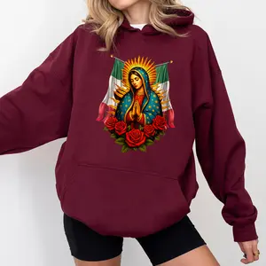 Our Lady of Guadalupe Hoodie with Mexican Flag, Virgen de Guadalupe Sweatshirt, Catholic Faith Hoodie, Mexico Rose Graphic, Religious Gift for Men & Women