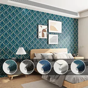 Dark Green & Gold Geometric Line Pattern, Modern Luxury Style, Peel And Stick Wallpaper Designs, Wallpaper, Self-Adhesive Peel and Stick DIY Home Decor Sticker, Bedroom Wall Wardrobe Drawer Furniture Renovation Space Transformation Multi-Scene Application