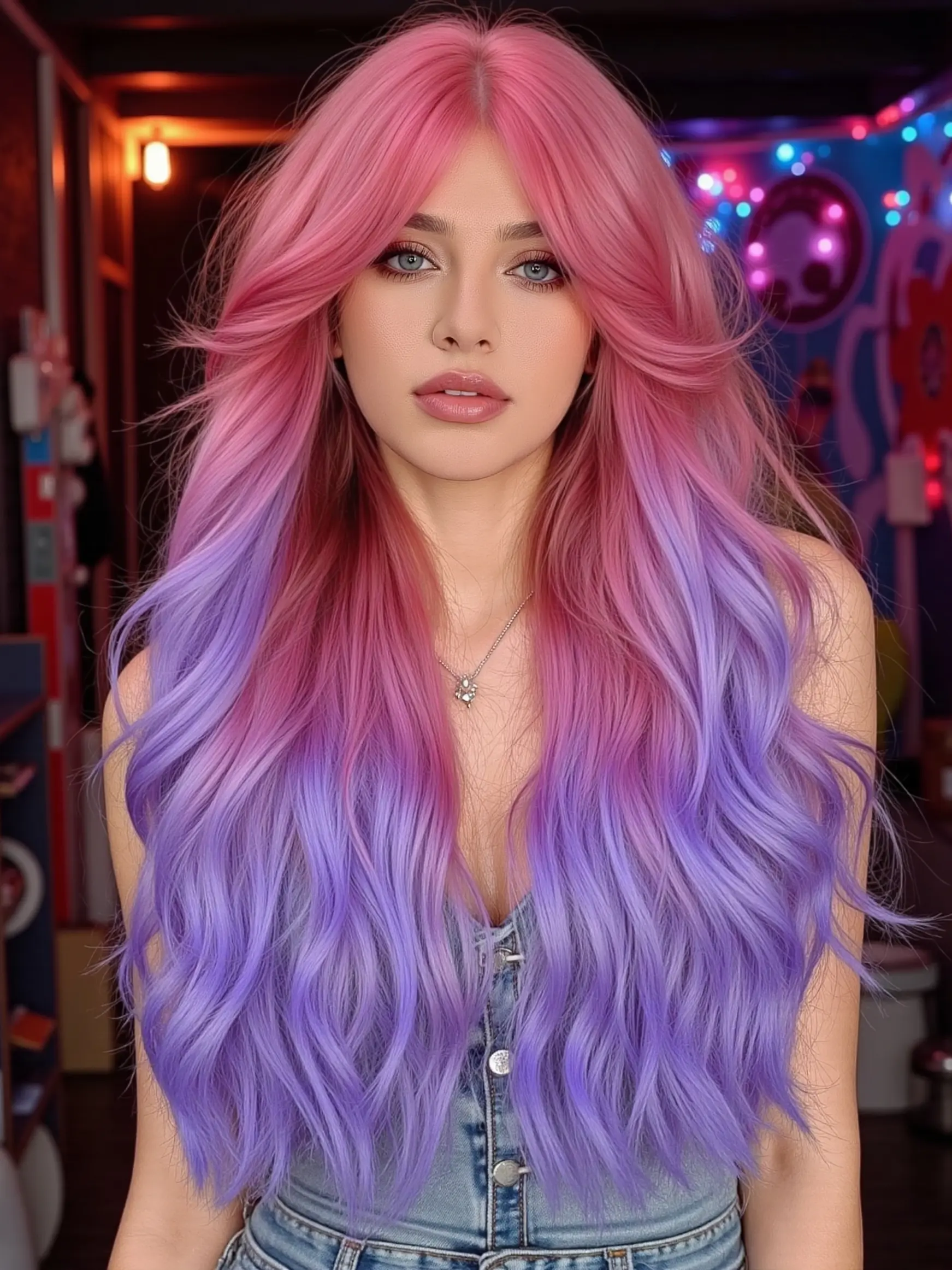 Pink Purple Women Wig with Bangs , Wavy Ombre Wig, Ombre Layered Wigs, Synthetic Material Wigs, High-Temperature Fiber Rose Net Wavy Synthetic Hairpiece, Suitable for Daily Work, Beach Vacation, Music Festivals,Christmas Cosplay