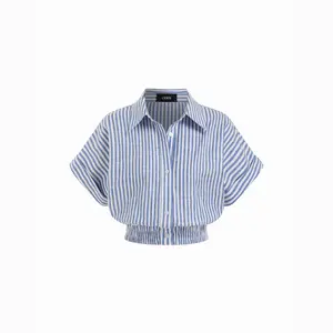 Cider Cotton-blend Stripes Collar Batwing Sleeve Shirred Crop Blouse Casual Shirts