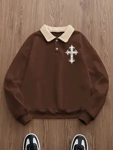 Men's Streetwear Fleece Polo Shirt, Half Button Design, Cross Print, Vintage Collar, Artistic Print, Casual Fit, All Seasons, Half Button Collared