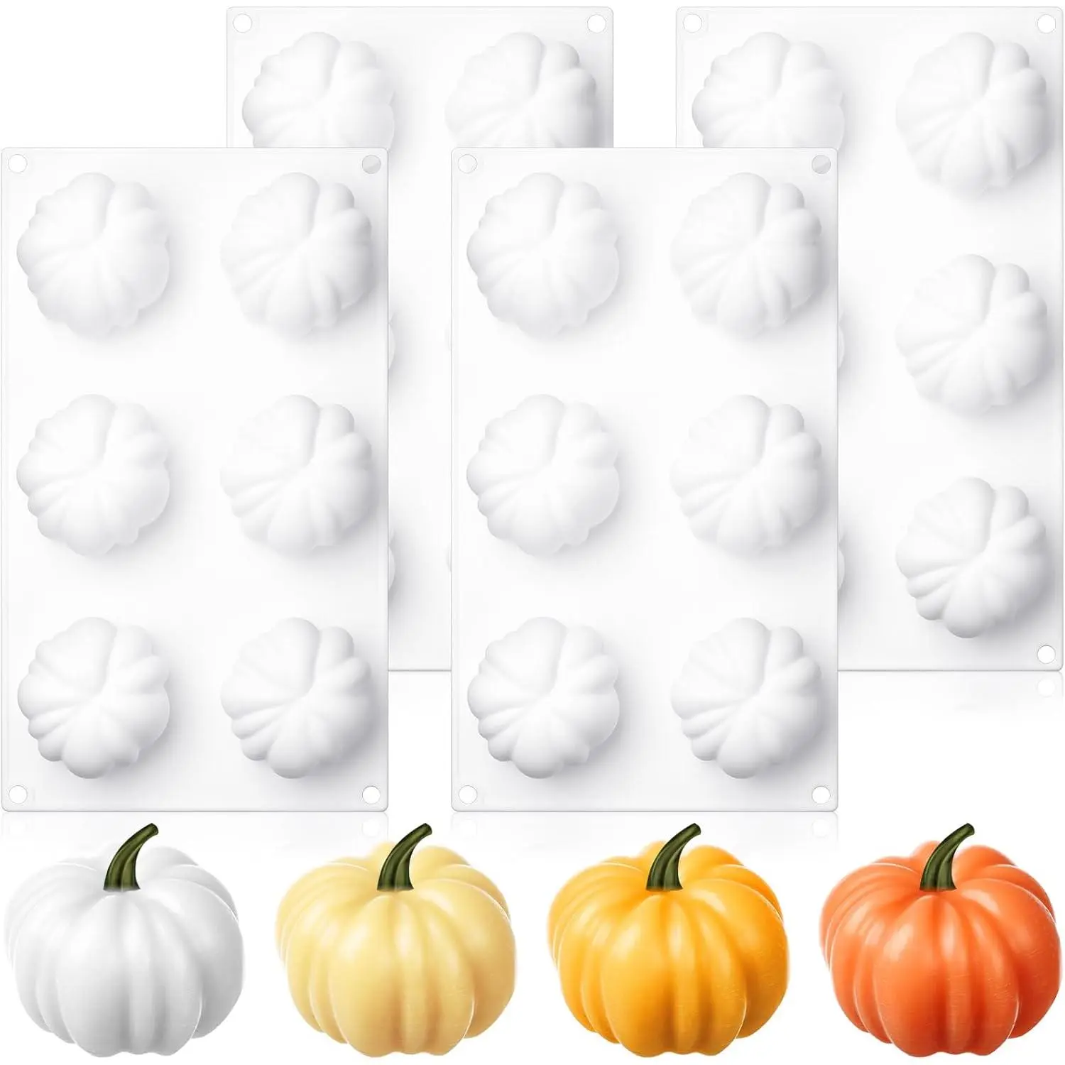 4 count  Pumpkin Silicone Cake Molds 3D Pumpkin Cupcake Baking Dessert Mousse Mold Tray 6 Cavity Silicone Candle Soap Molds for Cake Pastry  Chocolate Candle  Crafts(White)