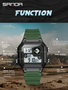 Sanda Square Multifunctional Digital Watch, Waterproof Shockproof Luminous Sports Watch, Stopwatch, Alarm, Hourly Chime, Resin Case