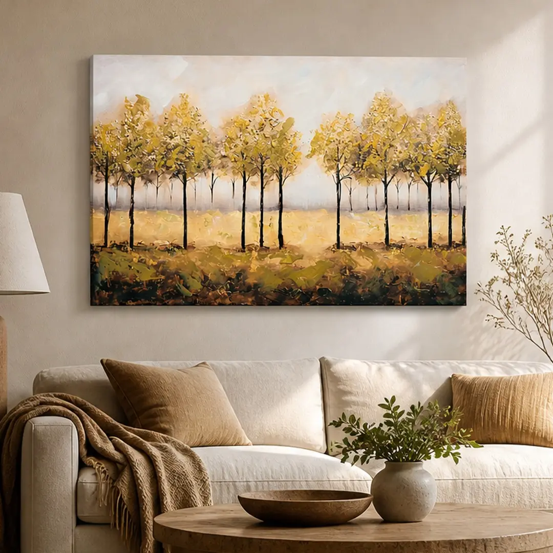 ARCH Framed Wall Art Canvas Print Autumn Forest Abstract Tree Painting Gold Leaf Textured Artwork for Living Room Bedroom Decor 24x36 Inch Tan Leaves Multiple Color Options, Large 33in-40in Size Options, Canvas/Green/Ivory/Tan Leaves Color Options