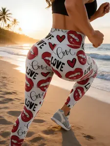Sexy Lip Kiss Pattern Yoga Leggings, Summer Spring Picnic Running Fitness Slimming, Tight Fit Sportswear for Adults Gym Outdoor