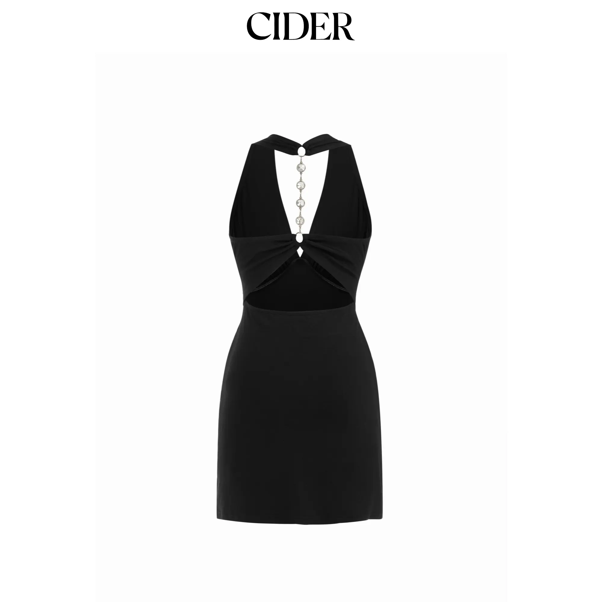 Cider V-neck Ruched Backless Rhinestone Chain Mini Dress
