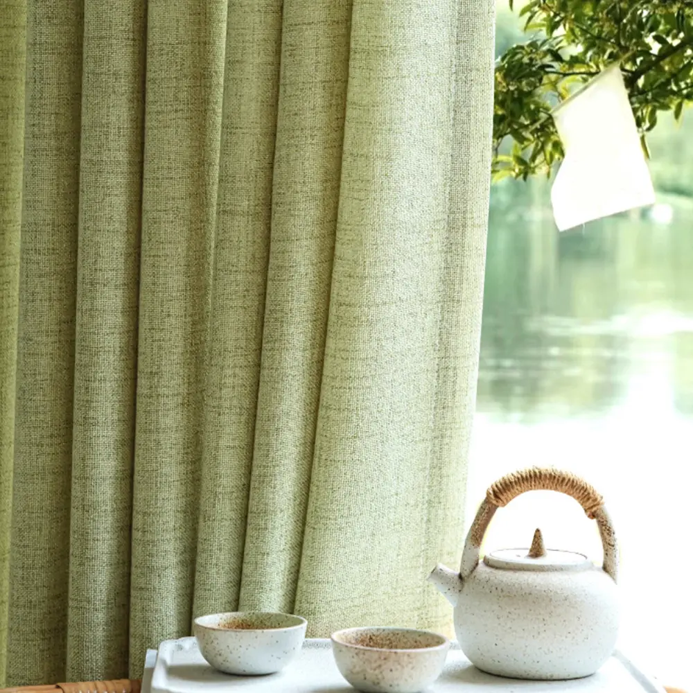 Japanese Matcha Semi-Transparent Linen Curtains with Ring Holes, Modern Natural Linen Drapes for Balcony Door, Living Room & Bedroom Decor