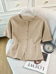 Women's Slim Fit Short Sleeve Knit Cardigan, Plain Pattern Casual Style, All-Season Wear, Elegant Fashionable Design