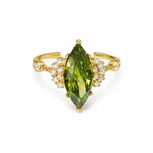 Adjustable Green Cubic Zirconia Ring, Gold-Tone Copper Marquise Cut Open Band