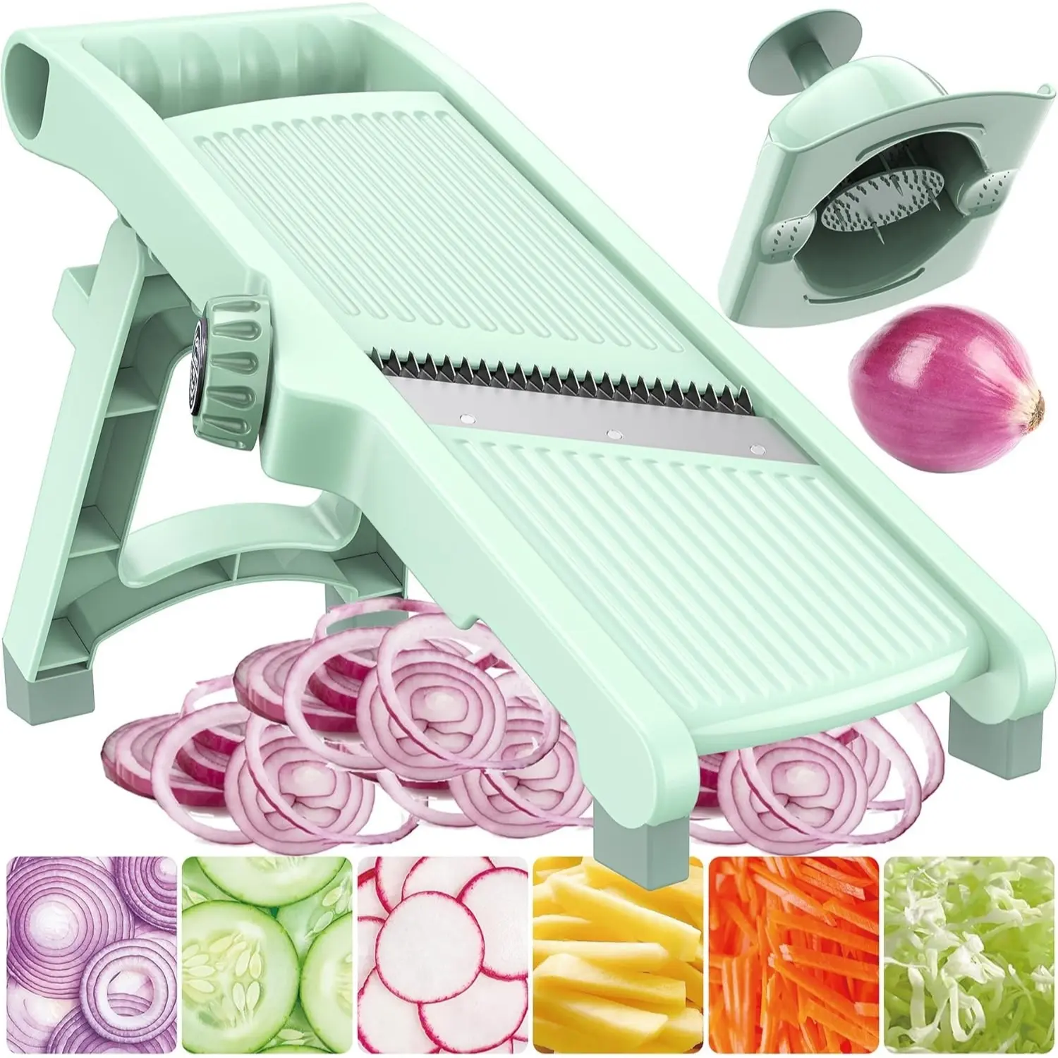 5-in-1 Adjustable  Slicer Stainless Steel Blades & Safety Hand Guard, Safe for Kitchen, Non-slip Julienne Slicer Cutter, Vegetable Chopper for Onion, Potato Cucumber Carrot