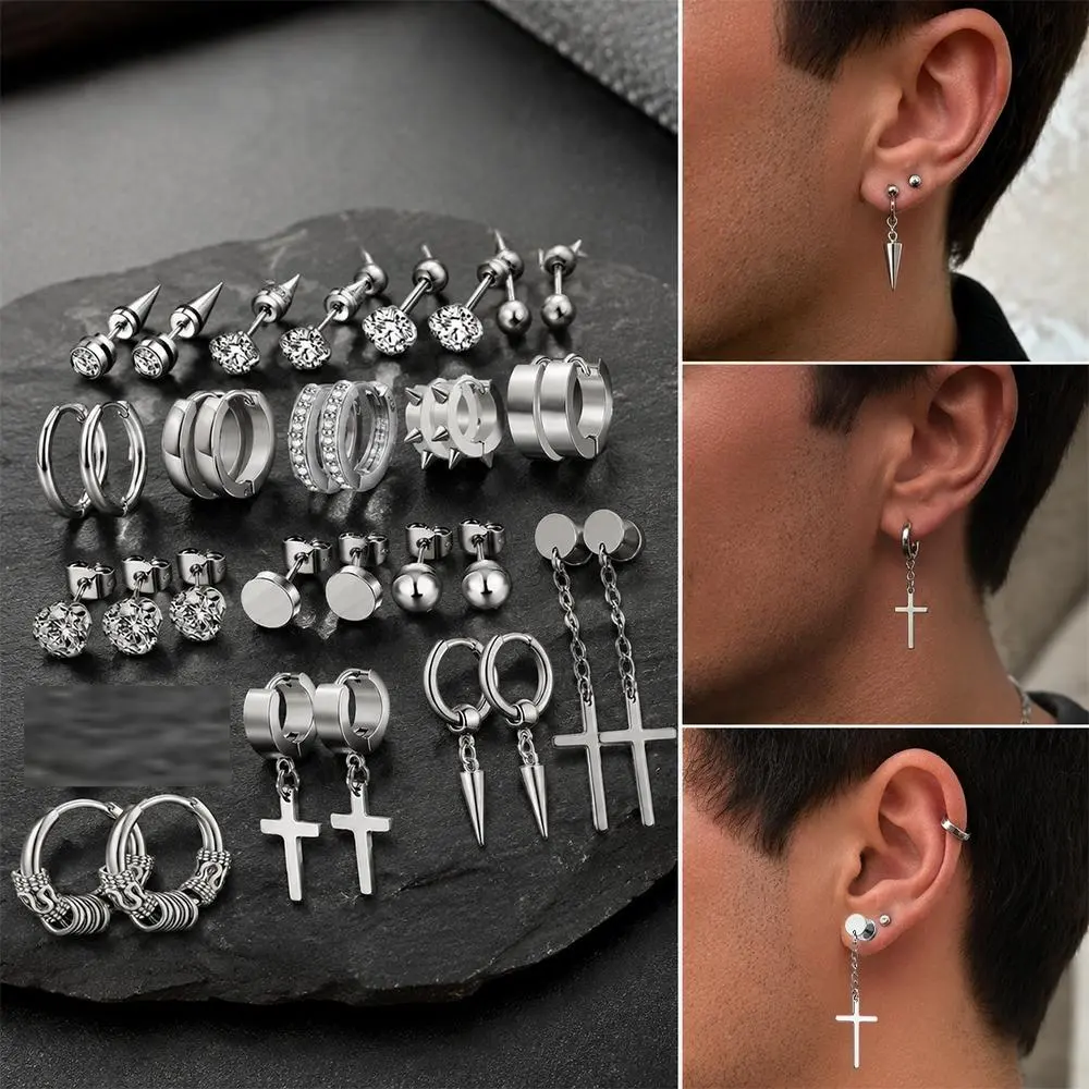 16 Pairs Earrings for Men, Stainless Steel Earrings For Men Sensitive Skin, Fashion Earring Piercing Jewelry Cross Dangle Hoop Kit Studs Long-lasting Shine tiktokshopbacktoschool