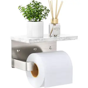 Toilet Paper Holder with Shelf, Extended Base Wall Mounted, Marble Toilet Roll Holder Brushed Nickel for Bathroom Washroom