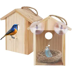 Window Bird House for Outside with Strong Suction Cup and Lanyard - See Through Upgraded Wooden Birdhouse Outdoors,Bird Nest Transparent Design for Easy Observation,Best Gift for Kids