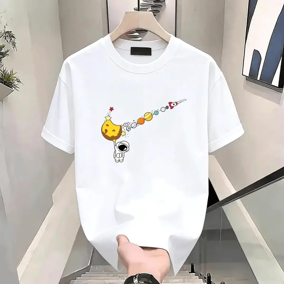 Men's Casual Cotton Graphic Streetwear T-Shirt - Oeko-Tex Certified, Round Neck Short-Sleeve, Space Planet Elements, Breathable, Comfortable, Machine-Washable, Classic Fit, Vintage Unisex Menswear Top for Gifting