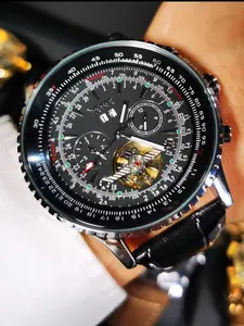 Men's Mechanical Watch, Military Style Large Dial Casual Round Dial Luxury Business Casual PU Leather Strap, All Season Analog Mineral Glass Movement, Mechanical Style Watches