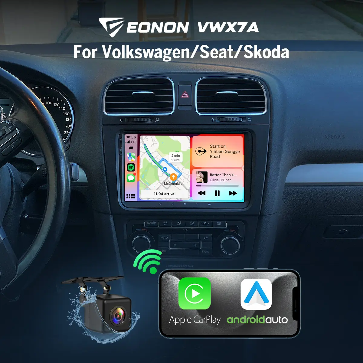 EONON VW Android 13/14 Bluetooth Hands-Free Car Stereo 10.1" Touch Screen - Wireless CarPlay & Android Auto, AM/FM, SWC - Fit for Golf, Jetta, Polo, Passat, Tiguan, Touran, Sharan, Scirocco, EOS, Fabia, Praktik - CarPlay Screen Car Stereos Model VWX7A, Ba