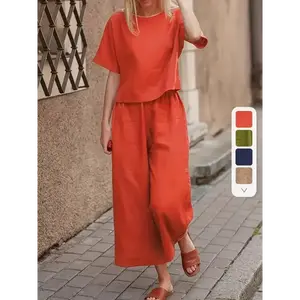 fashion Two-piece Set, Solid Crew Neck Casual T-Shirt & Wide Leg Pants, Women's Clothing Fabric Womenswear