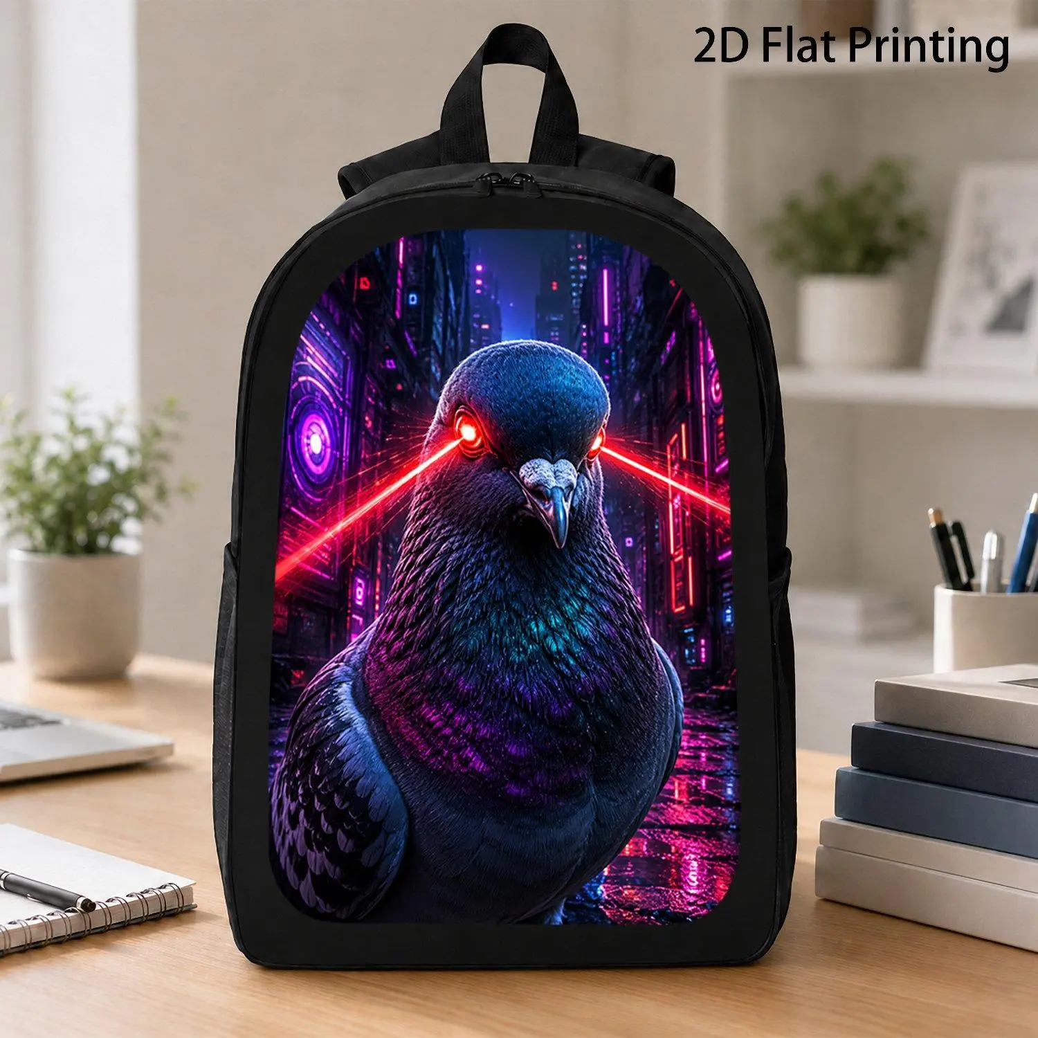 17 Inch Backpack] 1pc Cyberpunk Rainy City Laser Eyes Pigeon Art Backpack Dark Neon Bird Graphic Backpack Cool Sci Fi Animal Print Backpack Casual School Backpack