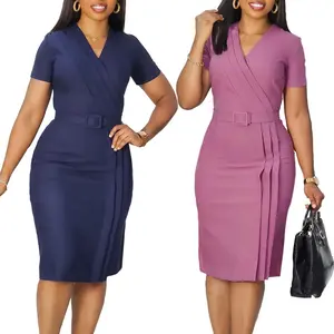 summer autumn clothes 2025 new Classy Official Dresses for Ladies Elegant Bodycon Dress Short Sleeve Wrap V Neck Modest Fashion Belt Formal Church Dresses Womenswear Check Light Basic Workwear Gamis Chic Minimalist Navy_Gray Shortsleeve Vneck