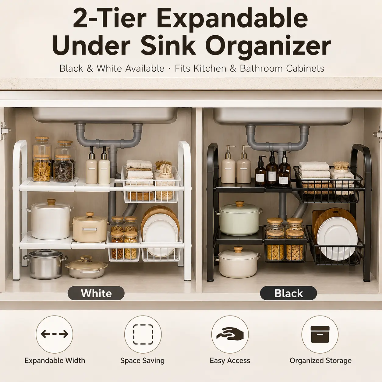 2-Tier Expandable Hanging Under-Sink Household Rack, 68-91cm Functional Adjustable Cabinet Shelf with Removable Storage Baskets for Kitchen, Bathroom, Black and White